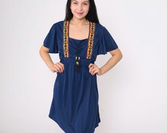 70s Boho Babydoll Dress Vintage Southwest Mini Empire Waist Party Southwestern 1970s Bohemian Flutter Sleeve Navy Blue Medium Large