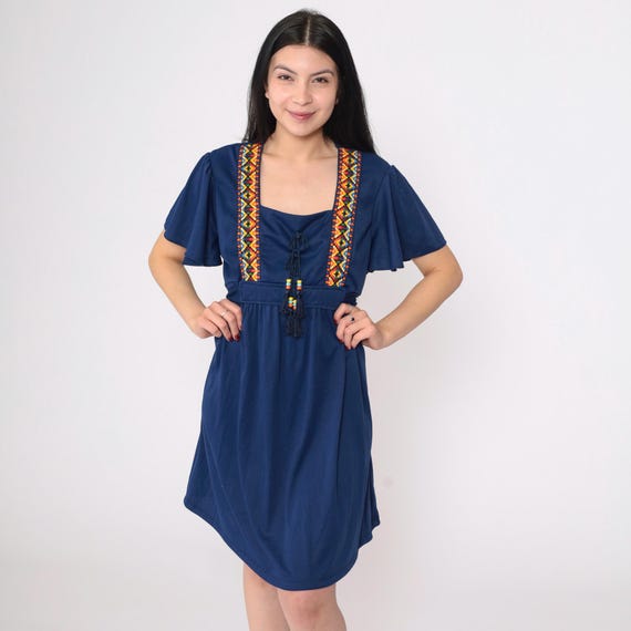 70s Boho Babydoll Dress Vintage Southwest Mini Empire Waist Party Southwestern 1970s Bohemian Flutter Sleeve Navy Blue Medium Large