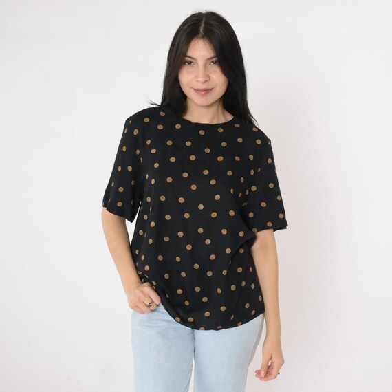 Vintage Black Coin Print Blouse 80s Short Sleeve Pullover Keyhole Back 1980s Retro Minimalist Dot Pattern Top Geometric Medium 10
