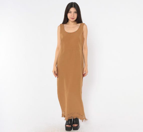 Faux Suede Maxi Dress 2000s Tan Sleeveless Fringe Hem Scoop Neck Column Ankle Length Beaded Neckline Festival Prairie Summer Medium M