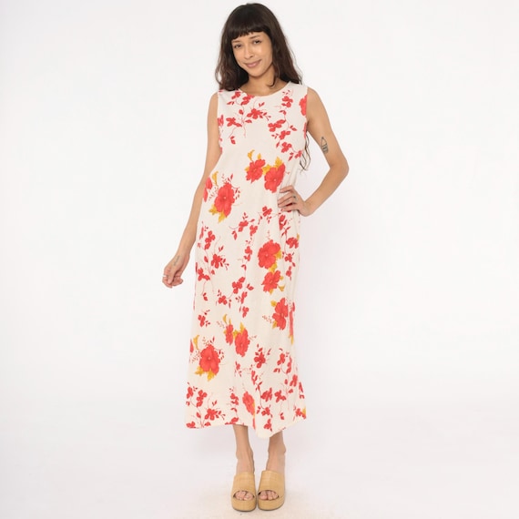 Y2K Floral Maxi Dress White Red Yellow Linen Cottagecore Prairie Sundress Shift Vintage Cream Ivory Summer Minimalist Fairycore Large L