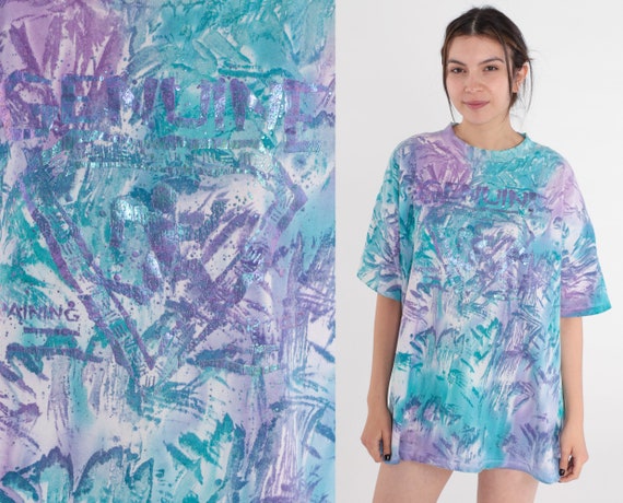 Tie Dye Shirt 90s Glitter Paint T-Shirt Genuine Running Graphic Tee Workout TShirt Retro Blue White Purple Vintage 1990s Small Medium Large