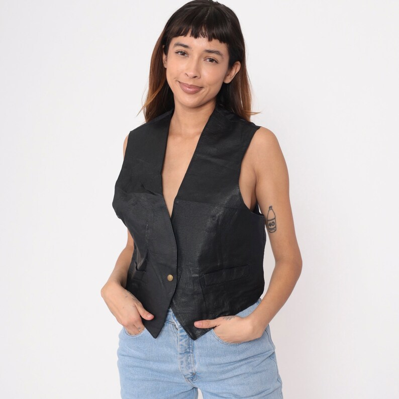 Black Leather Vest 90s Biker Button up Vest Top Rocker Snap Up Sleeveless V Neck Boho Festival Punk Shirt Vintage 1990s Small image 2