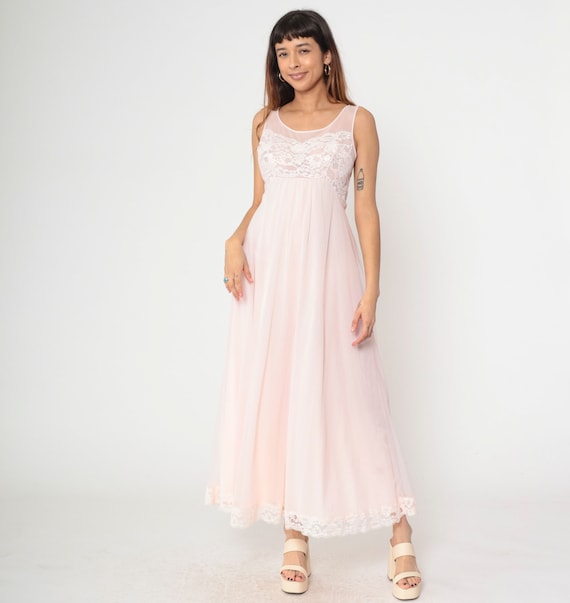 70s Baby Pink Maxi Nightgown Slip Dress Nylon Lace Lingerie Nightie Vintage Boho Empire Waist Scoop Neck Bohemian Small S