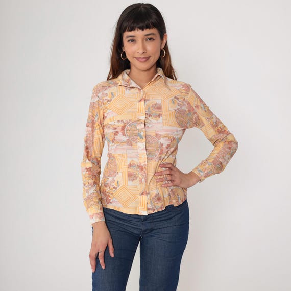 Scenic Print Shirt 70s Orange Pastoral Scene Button Front Long Sleeve Vintage 70s Boho Prairie Novelty Print Cottagecore Romantic Small S