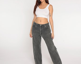90s Levis Jeans Gray Black Distressed High Rise Straight Leg Cotton Denim Grunge Minimal Vintage Worn Faded Relaxed Fit Pants 30 x 30