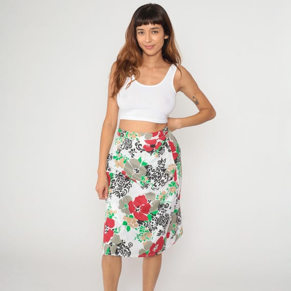 80s Floral Wrap Skirt Red White Black Green Knee Length Side Tie Vintage Tropical Print Summer Beach Vacation Prairie Feminine Medium M