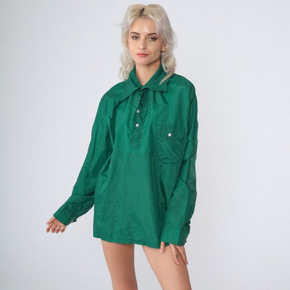 Green Ski Shirt 70s Skyr Long Sleeve Top  Collared Half Button up Polo Retro Skiwear Winter Sports Overshirt Nylon Vintage 1970s Men's Large