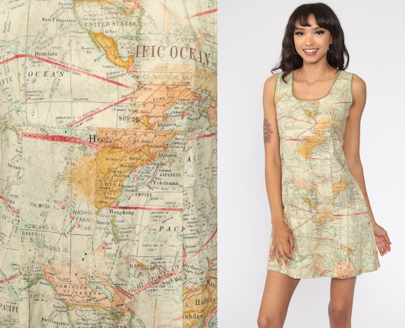 Map Print Dress 90s Mini Dress Atlas World Map Dre