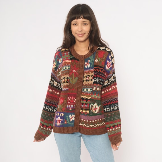 90s Patchwork Cardigan Floral Knit Button Front Folk Art Sweater Brown Multicolor Fair Isle Chunky Cotton Grandpa Eclectic Vintage Small S