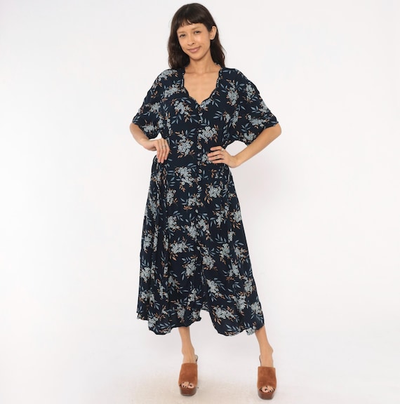 90s Floral Midi Dress Navy Blue Tie Waist Cottagecore Prairie Summer Spring Flower Dark Botanical Garden Leaf Pattern Vintage Plus Size 20W