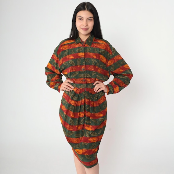 Vintage 80s 90s Silk Dress Autumn Leaf Print Striped Button Up Blouson Long Sleeve Midi High Waisted 1980s Red Orange Green Extra Small xs