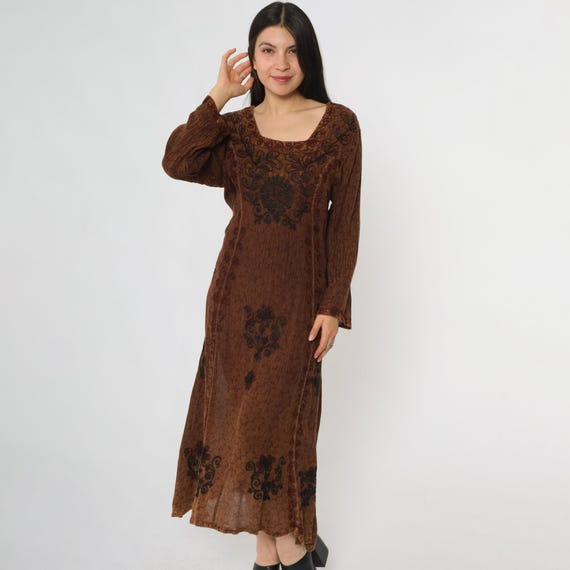 Brown Whimsigoth Dress Y2K Hippie Embroidered Long Sleeve Square Neck Midi Length 2000s Bohemian Festival Grunge Aesthetic Medium M 8