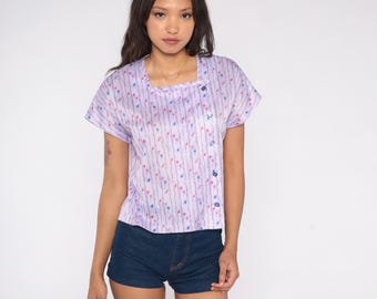 70s Lavender Blouse Purple Floral Print Square Neck Button Front Cottagecore Short Sleeve Prairie Romantic Calico Sweet Top Medium M 8