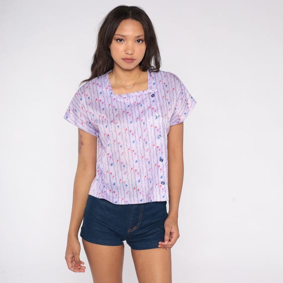 70s Lavender Blouse Purple Floral Print Square Neck Button Front Cottagecore Short Sleeve Prairie Romantic Calico Sweet Top Medium M 8