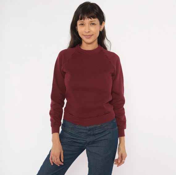 Burgundy Raglan Sweatshirt 90s Wine Pullover Crew Neck Plain Blank Solid Maroon Cranberry Vintage Top Sweater Normcore Basic Extra Small XS