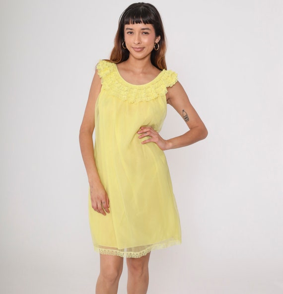 Bright Yellow Nightgown 70s Nightie Lace Lingerie Slip Dress Babydoll Mini 1970s Filmy Chiffon Tent Trapeze Nylon Boho Vintage Medium