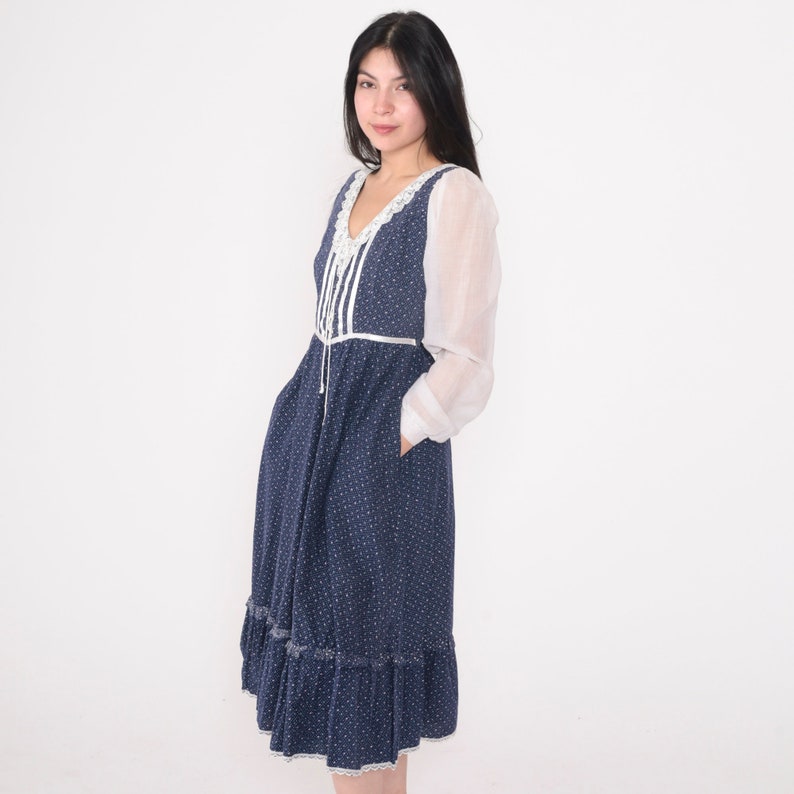 70s Gunne Sax Dress Vintage Prairie Dress Blue Calico Floral Midi Dress Tiered Lace Up Corset High Waist Long White Puff Sleeve 1970s Small image 6
