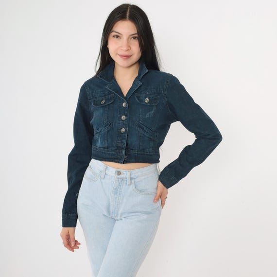 L.E.I. Cropped Denim Jacket Dark Wash Button Front Fitted Jean Jacket Pockets Vintage LEI Y2K Style Junior's Medium/Adult Small