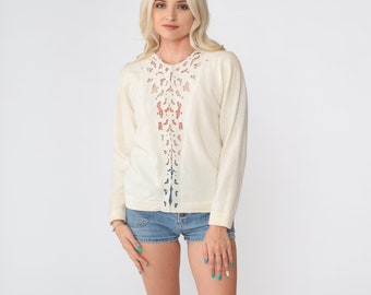 Cream Cutout Cardigan 80s Floral Embroidered Cutwork Cardigan Wool Angora Sweater Bohemian Hippie Cut Out Boho Vintage 1980s Small S
