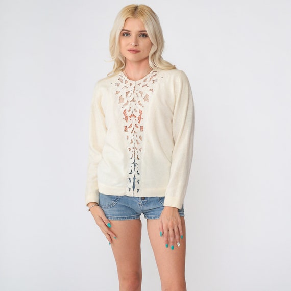Cream Cutout Cardigan 80s Floral Embroidered Cutwork Cardigan Wool Angora Sweater Bohemian Hippie Cut Out Boho Vintage 1980s Small S