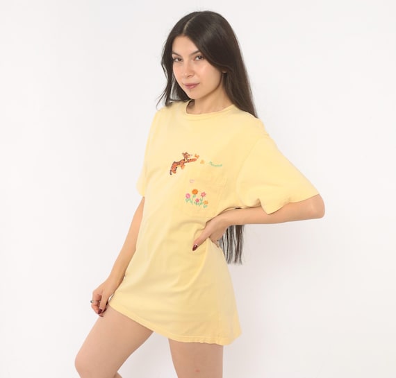 Tigger Embroidered Tee 90s Winnie Pooh Pocket Shirt Yellow Gold Cotton Floral Butterfly Character Cartoon Short Sleeve Vintage Medium M
