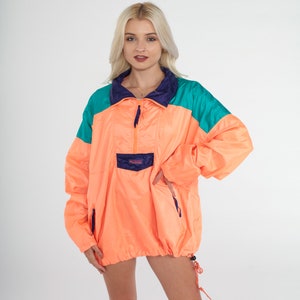 80s Columbia Jacket Neon Orange Windbreaker Nylon Pullover Quarter Zip Jacket Retro Sporty Color Block Shell Green Vintage 1980s Men&#39;s XL