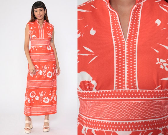 Floral Maxi Dress 70s Orange Striped Dress Long High Waist Mandarin Collar Boho Hippie Bohemian 1970s Sleeveless Dress Vintage Small 6