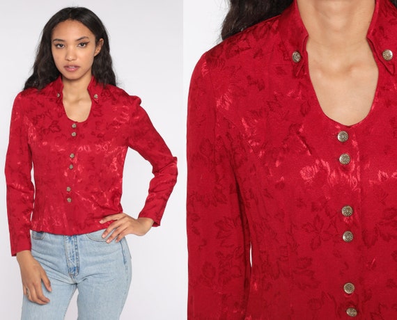 Red Leaf Shirt Embossed Button Up Blouse Patterned Shirt Button Down Shirt 90s Boho Vintage Long Sleeve 1990s Bohemian Retro Medium M