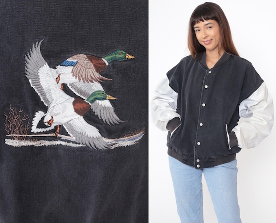 Duck Bomber Jacket 90s Embroidered Two Tone Black White Gray Varsity Baseball Button Front Vintage Streetwear Ribbed Collar Cuffs Large L