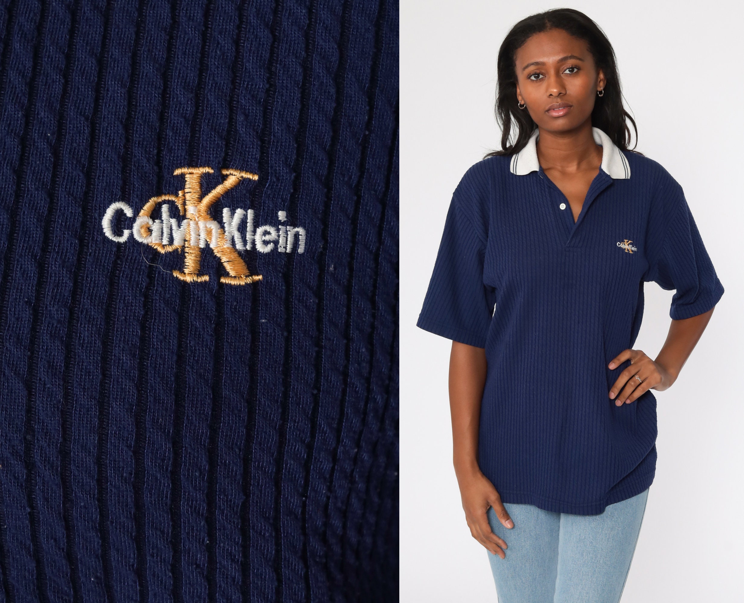 ShopExile Calvin Klein Shirt Polo Shirt 90s Shirt Half Button Up CK 80s Retro Vintage Navy Blue 1990s Large XL