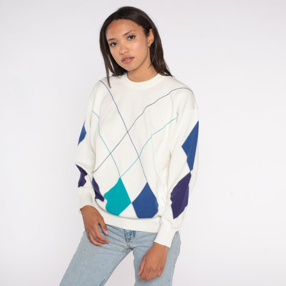 90s Geometric Sweater White Harlequin Diamond Sweater Blue Jacquard Knit Pattern 1990s Preppy Checkered Vintage Pullover Extra Large xl