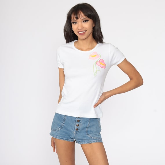 80s Hawaii Shirt White Floral T Shirt Baby Tee Vintage T Shirt Tight Girly Fit Tshirt 1980s Hawaiian Cap Sleeve Small 4