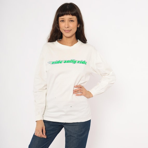 Ride Sally Ride 90s Long Sleeve Tee White Cotton Print Green Blue Wing Logo Crew Neck Hanes Vintage Pullover Shirt Ivory Casual Top Medium M