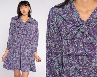 Purple Floral Dress 80s Ascot Button Up Mini Dress Secretary Bow Dress Shirtdress High Waist 1980s Vintage Long Sleeve Dress Large