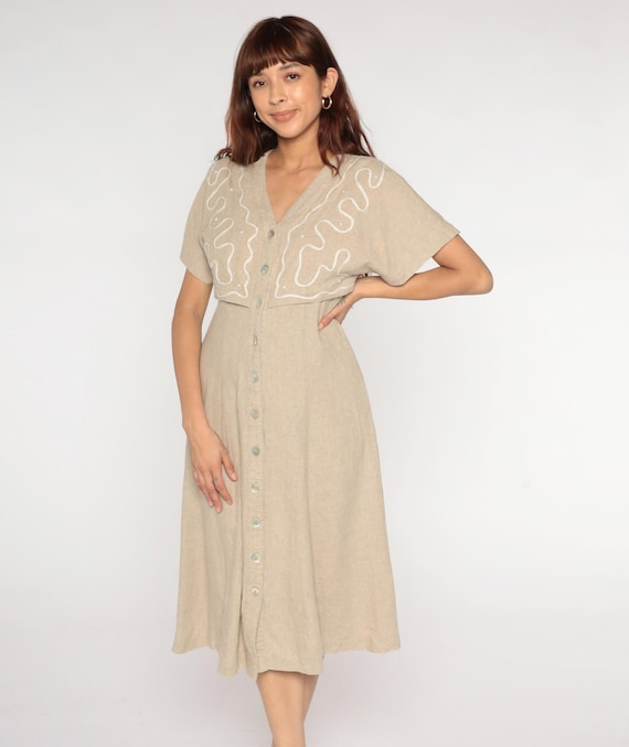 90s Tan Summer Dress Beige Cream Button Front Short Sleeve V Neck Cottagecore Prairie Vintage Casual Modest Day Beach Vacation Medium M