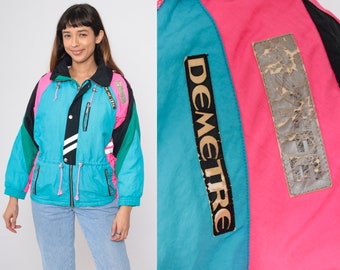 Demetre Ski Jacket 80s 90s Turquoise Color Block Hot Pink Black Winter Coat Puffy Jacket Puffer Coat Neon 1990s Vintage Puff Jacket Small