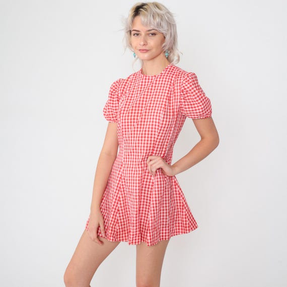 Vintage Red Gingham Dress 70s Checkered Mini Puff Sleeve Fit and Flare Prairie Cottagecore Bohemian Peasant Boho 1970s Small S