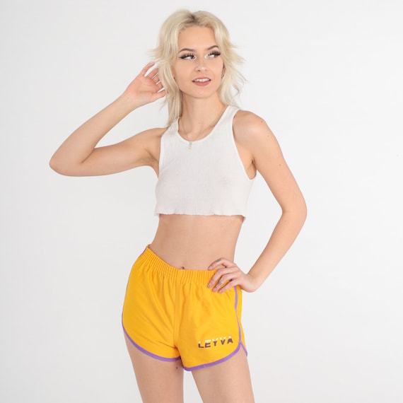 80s Gym Shorts Yellow Dolphin Shorts Leyva Purple Ringer Shorts Jogging Retro Swim Gym Hotpants Shorts Surf Elastic Waist Vintage 1980s XS