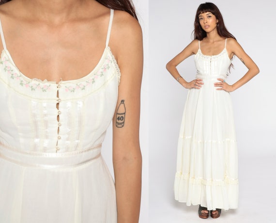 Gunne Sax Dress 70s Maxi Prairie Cream Bohemian Summer Boho Sundress 1970s Hippie Sun Tiered Vintage Renaissance Medieval Princess Small 4