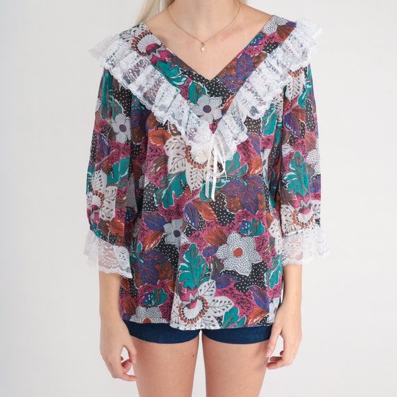 Lace Floral Blouse 80s Ruffle Shirt Boho Top Trop… - image 8