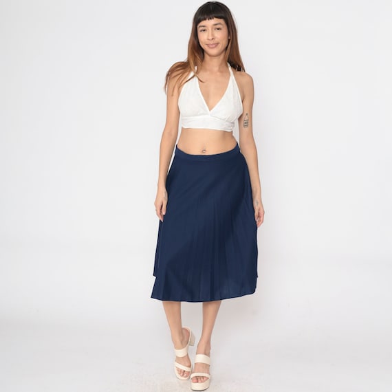 Navy Blue Pleated Skirt 80s Knee Length Midi Skirt High Waisted A-Line Retro Basic Preppy Simple Plain Minimal Chic Vintage 1980s Large 14
