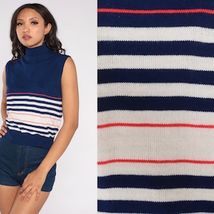 70er Strick Tank Top blau Ärmellos Pullover weiß rosa gestreift Stehkragen Shirt Stehkragen Bluse Retro Pullover Acryl Vintage 1970er Mittel M