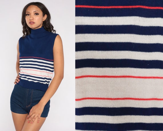 70s Knit Tank Top Blue Sleeveless Sweater White Pink Striped Mockneck Shirt Mock Neck Blouse Retro Pullover Acrylic Vintage 1970s Medium M