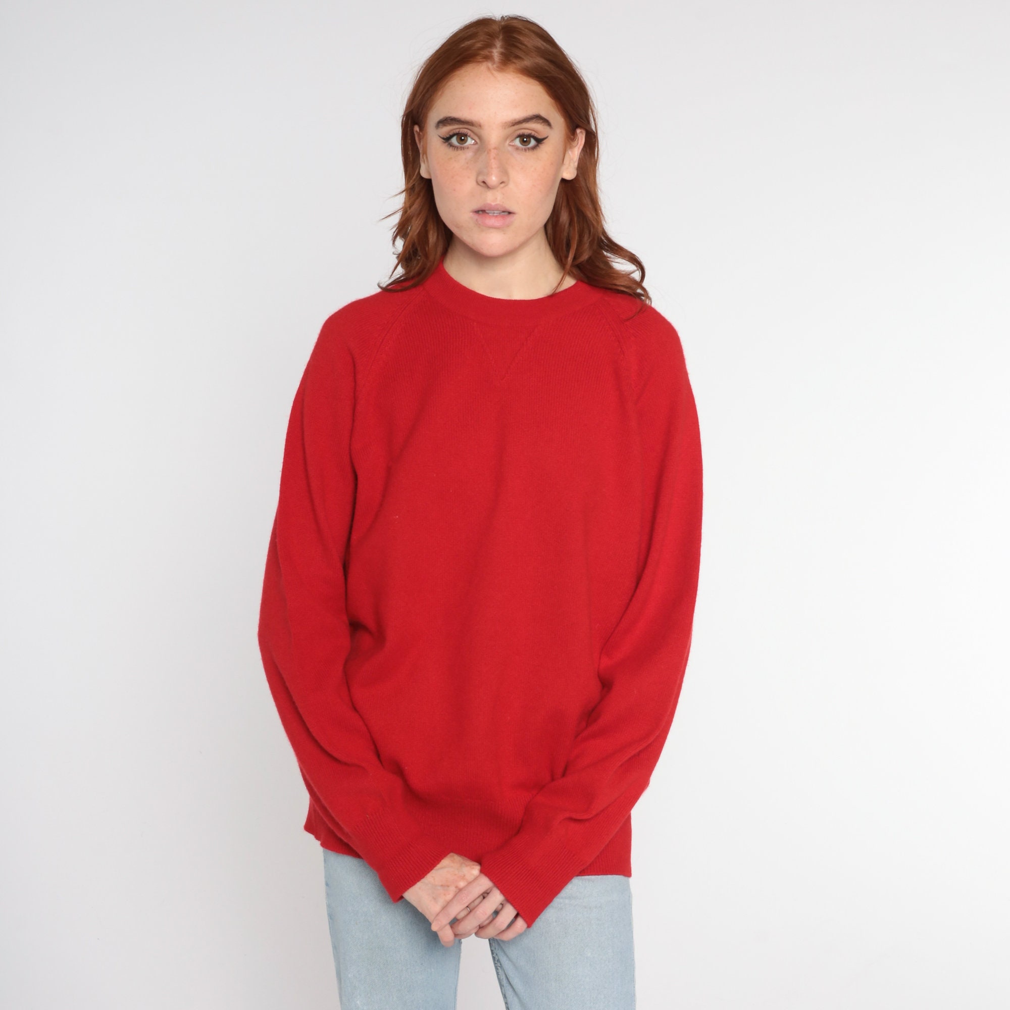 Red Cashmere Sweater 90s Plain Knit Pullover Sweater Basic Simple ...
