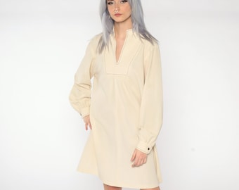 Cream Shift Dress 60s Mod Mini Dress V Neck Top 70s Space Age Plain Polyester Dress Vintage 1960s Long Sleeve Large L