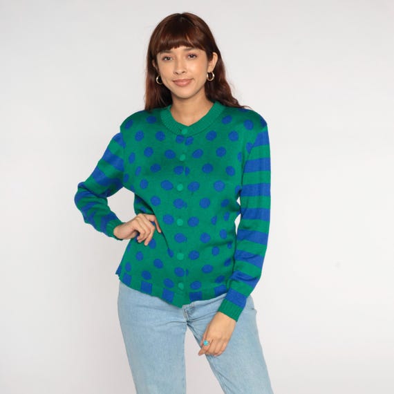 80s Polka Dot Cardigan Green Blue Striped Sleeves Knit Grandpa Sweater Preppy Vintage Color Block Geometric Pattern Cozy Large L