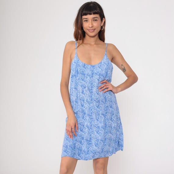 Y2K Slip Dress Blue White Paisley Floral Print Spaghetti Strap Cami Sundress Vintage 2000s Summer Beach Vacation Strappy Coquette Small S