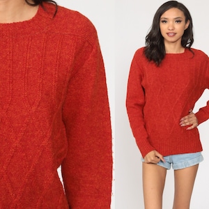 Red Wool Sweater 80s Sweater Slouchy Pullover Lattice Sweater Crewneck Vintage Normcore Plain Medium