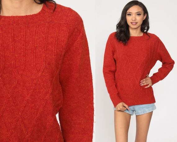 Red Wool Sweater 80s Sweater Slouchy Pullover Lattice Sweater Crewneck Vintage Normcore Plain Medium